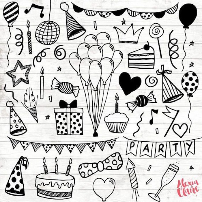 Doodle dessin noir et blanc, dessin d'anniversaire, carte joyeux anniversaire fille dans le cahier d'esquises