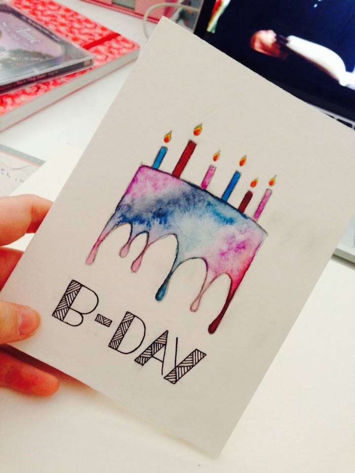 B-day font à faire soi meme, image anniversaire humour, dessin joyeux anniversaire gateeau coloré aquarelle 