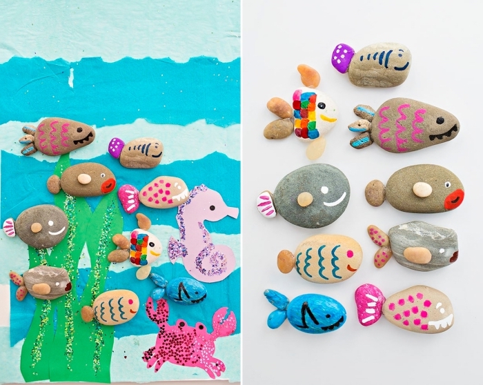 activité manuelle primaire, décoration galets en forme de poissons, modèles de galets colorés, bricolage été facile et rapide pour enfants