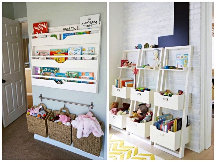 idées de rangements muraux pour jouets et livres d'enfant, étagères murales détournées en rangement pour jouets