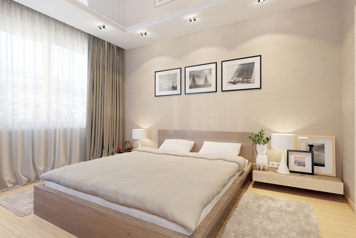décoration chambre adulte en couleurs neutres, chambre à coucher moderne au plafond suspendu et murs de couleur beige