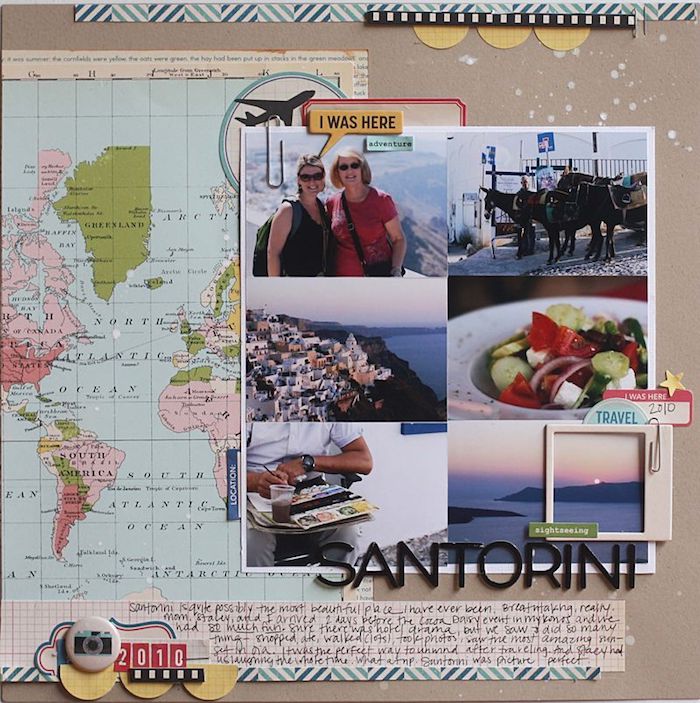 Carte du monde et un collage de photos de Santorin vacances, faire beaucoup de photos, photographie scrapbooking matériel, fabriquer un carnet de voyage