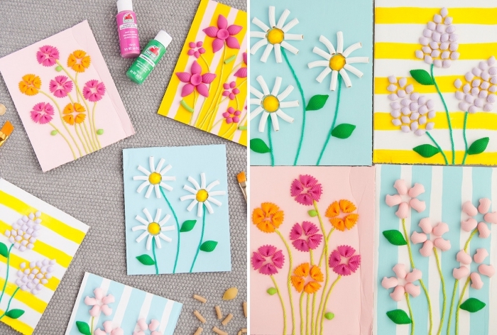 comment faire des cartes originales, activité manuelle primaire, diy carte postale en papier coloré avec fleurs en pasta colorée