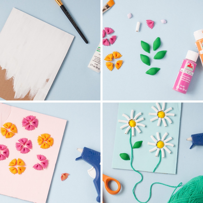 exemple comment faire des fleurs en pasta colorée, fabriquer une carte postale originale, activité manuelle enfant
