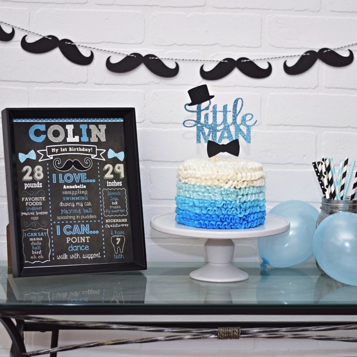 decoration anniversaire garçon sur le thème moustache, guirlande de moustaches en papier et affiche d'anniversaire personnalisée pour la déco du buffet gourmand 