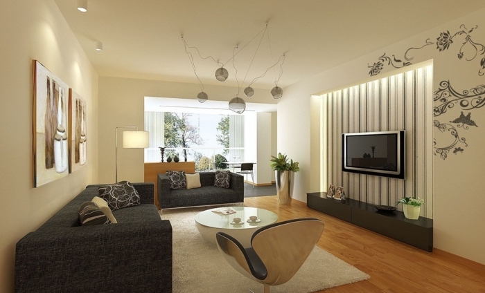 idée association couleur beige dans un salon moderne, pièce aux murs beige avec meubles en noir et accents bois