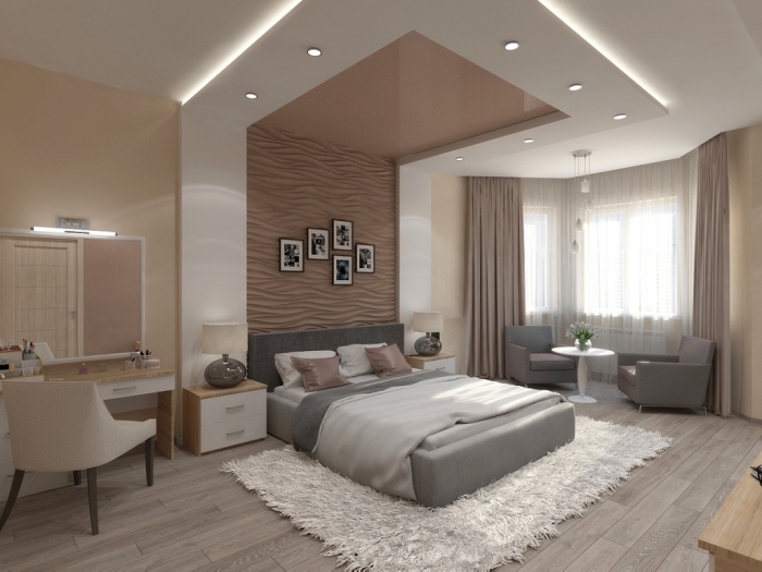 décoration chambre à coucher moderne en couleurs neutres, association de couleur beige dans une pièce moderne
