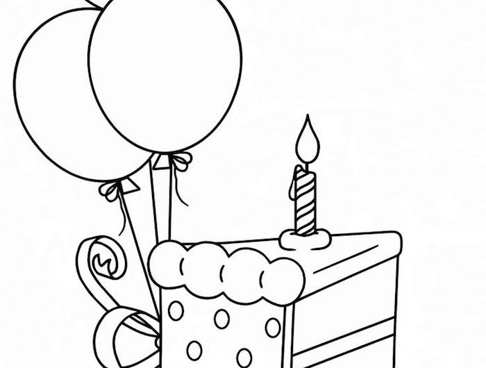 dessin d anniversaire pour une amie morceau d egateau avec bougoe et des ballons style graphique
