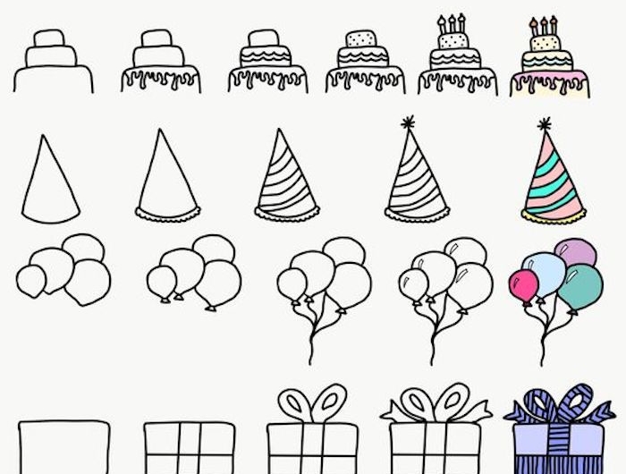 dessin de joyeux anniversaire idee comment dessiner une carte d anniversaire elements festifs desiin chapeau ballons gateau confetti d anniversaire