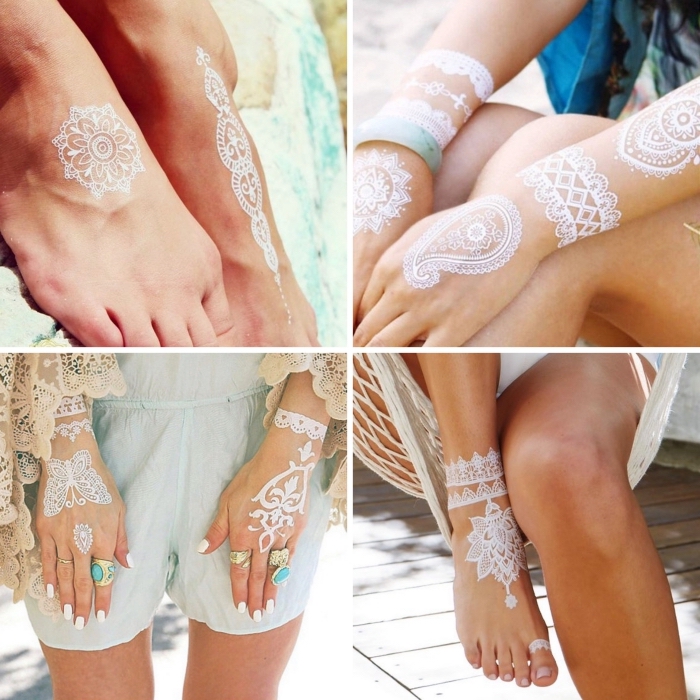 quel emplacement pour un tatouage henné, petit dessin mandala blanc sur pied femme, idée art corporel temporaire en blanc