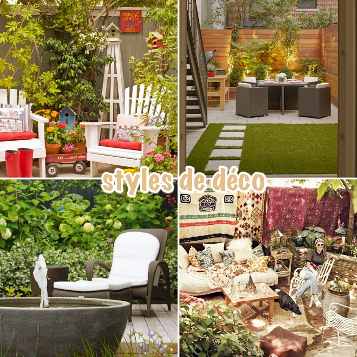 jardin paysager pour espace limité, modèle de chaise tressée noire avec housse blanche pour jardin, déco zen avec fontaine pour jardin