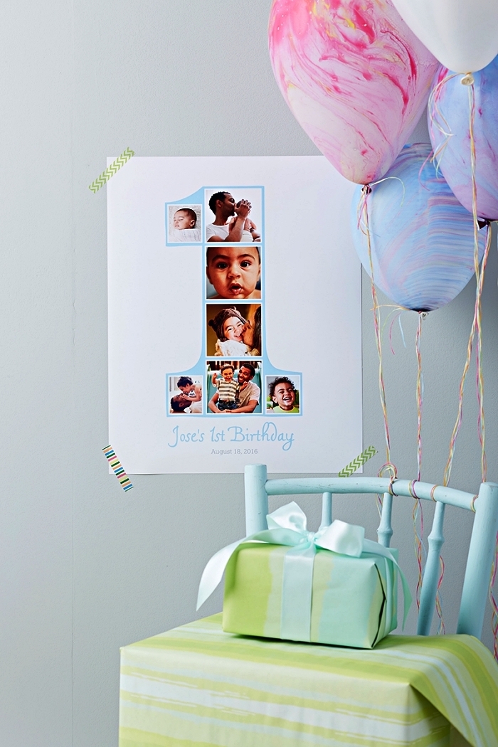 décoration anniversaire bébé 1 an à faire soi même, déco d'anniversaire 1 an avec collage photos en chiffre 1 à coller au mur et des ballons effet marbre