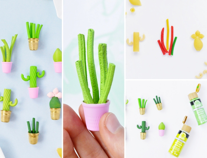 activité manuelle facile et rapide, diy mini plantes en pasta colorée, idée cactus en pasta dans un pot fleur en dé à coudre