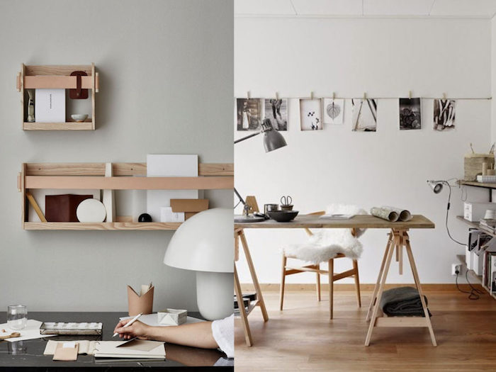Idée déco bureau style scandinave en bois et blanc, photo bureau scandinave, photos noir et blanc en guirlande 