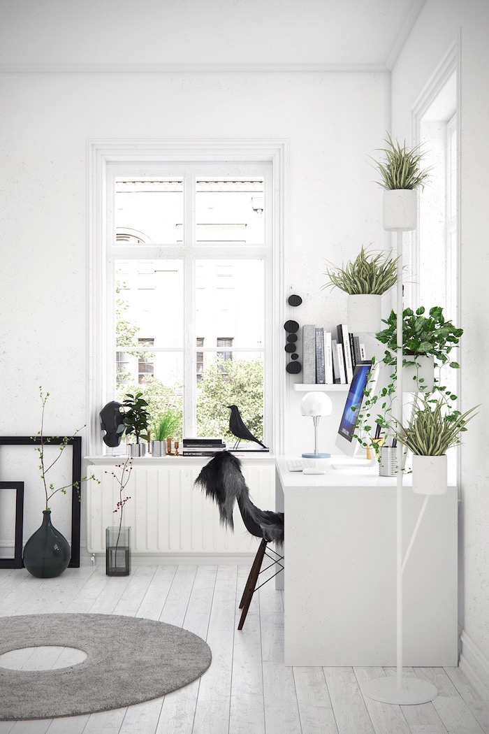 Ronde tapis idée comment bien aménager son coin bureau, aménagement bureau, blanc et noir déco avec beaucoup de plantes vertes 