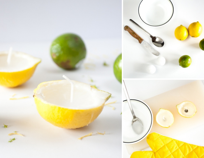 comment fabriquer des bougies au citron, idée bricolage facile et rapide, activité manuelle adulte, diy bougie citron