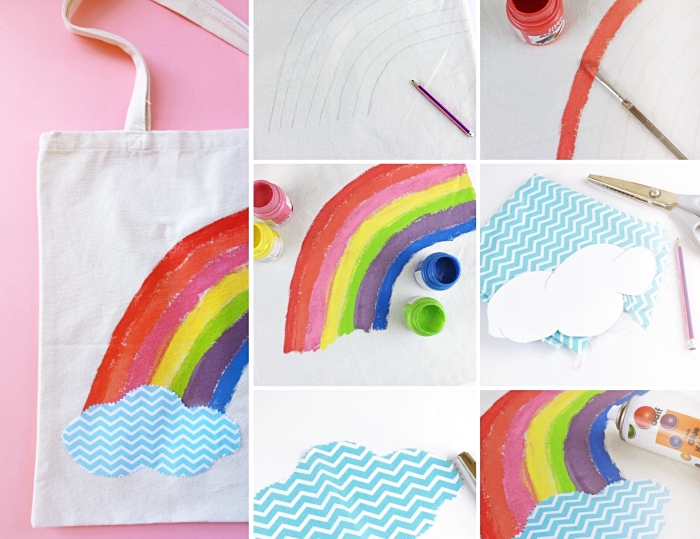 activité manuelle enfant, exemple comment décorer un tote bag blanc avec peintures à design arc ciel et nuage en tissu