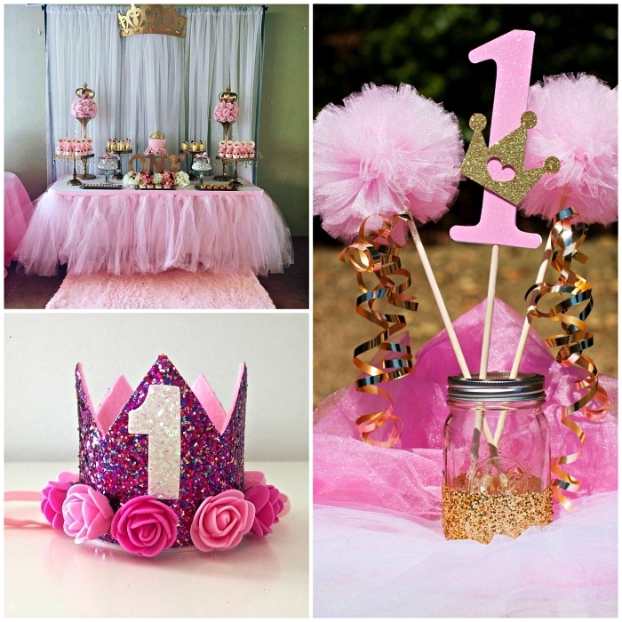 idée de deco table anniversaire sur le thème princesse, buffet gourmand avec table d'anniversaire décorée d'une jupe en tulle rose, centre de table avec bocal en verre pour la décoration d'une table d'anniversaire sur le thème princesse