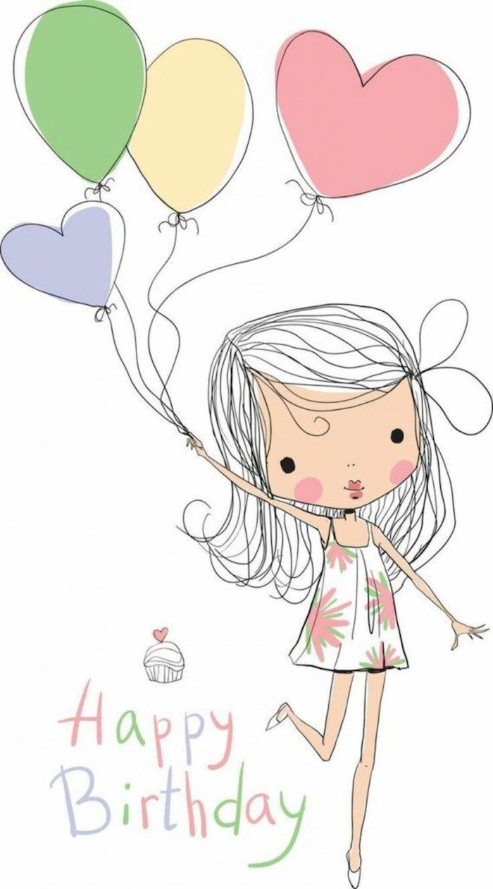 Joyeuse anniversaire amie, dessin meilleure amie, dessin fille et ballons d'anniversaire, dessin d'anniversaire