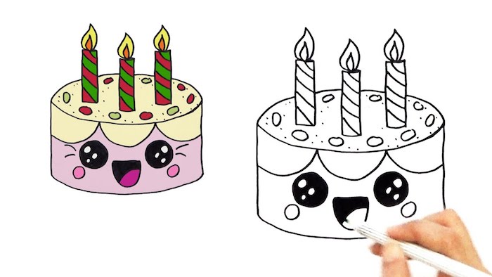 Kawaii dessin adorable, dessin gateau souriant, idée dessin d'anniversaire originale et comment le colorer