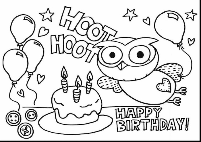 Hibou coloriage anniv, image joyeux anniversaire humour, dessin anniversaire, gateau et ballons décoration