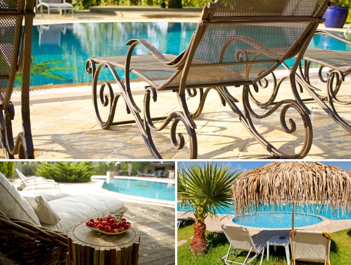 mobilier de jardin en fer forgé, décor de jardin avec piscine style exotique avec parasol en bambou et palmiers, idée aménagement de piscine