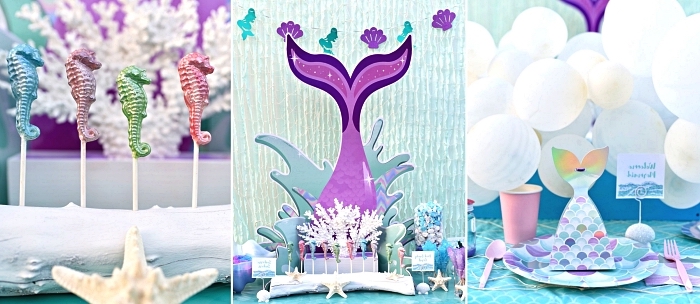 idée deco table anniversaire sur le thème petite sirène en bleu et violet, candy bar thématique avec sucettes hippocampe et une vaisselle motif écailles