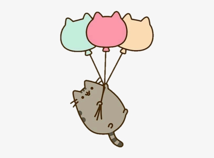Chat avec ballons à forme chat, coloriage gateau anniversaire, dessin anniversaire adorable avec pusheens cat