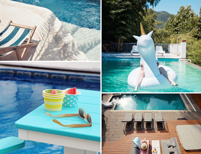 amenagement piscine moderne avec petite terrasse en bois blanche, mobilier de piscine en couleurs bleu et blanc