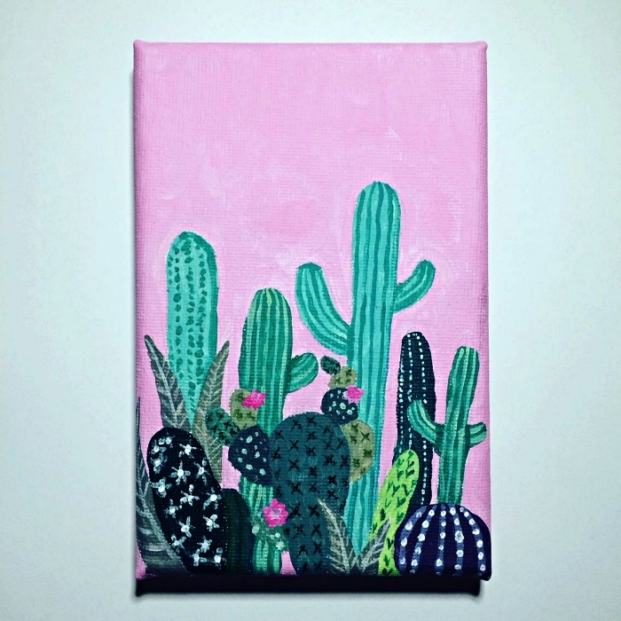 tableau peinture cactus à l'acrylique sur fond rose, idée de tableau facile à peindre pour débutans