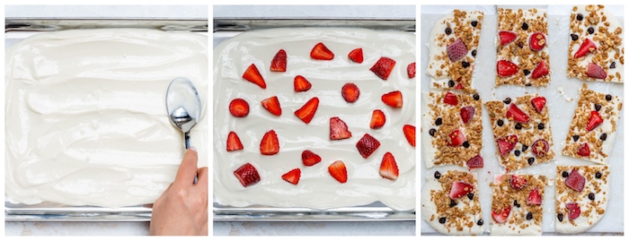 exemple de barre glacée maison au yaourt grec avec topping de museli, granola, fraises et bleuets, alimentation saine, recette d été dessert