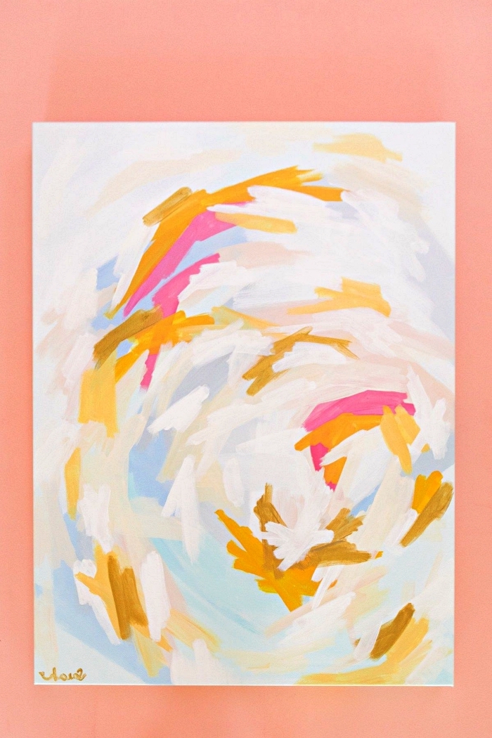 idée de tableau peinture abstraite à l'acrylique à réaliser soi-même, toile abstraite en rose, jaune moutarde et bleu clair