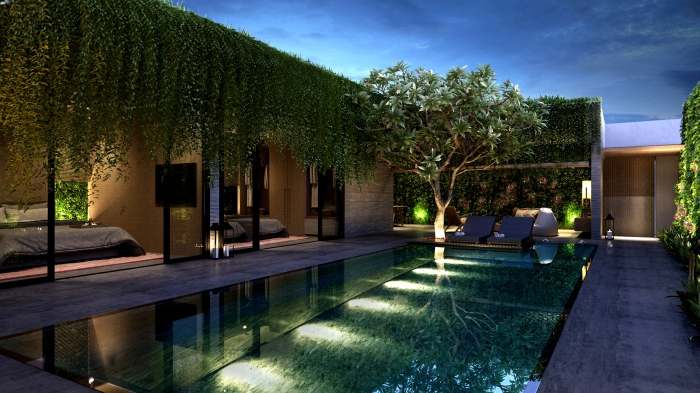 idée décoration autour d une piscine avec meubles modernes, idée mur végétal extérieur, choix d'éclairage pour piscine