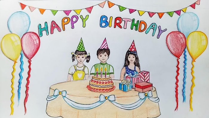 Dessin à crayons coloré, trois enfants assis sur une table avec gateau d'anniversaire, encadré de ballons