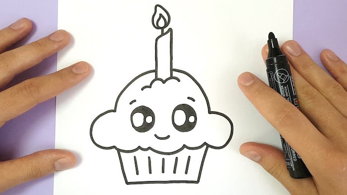 Muffin adorable souriant, dessin simple cupcake kawaii, dessin gateau, image joyeux anniversaire