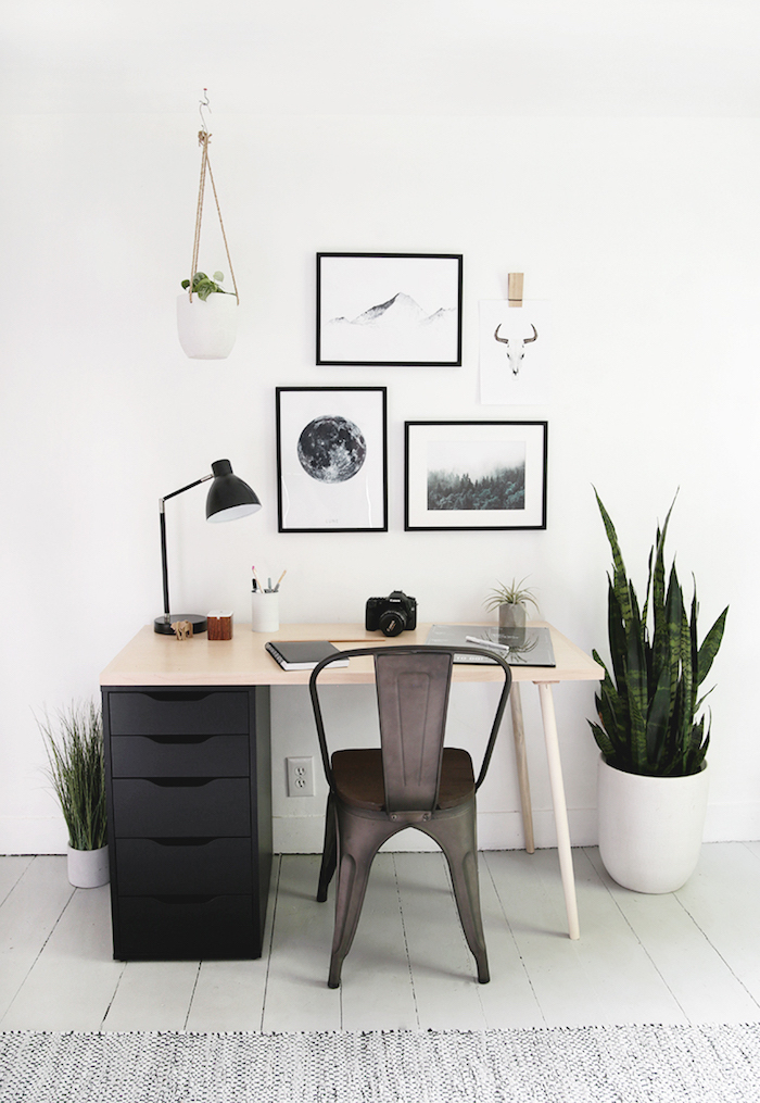 Originale idée bureau deco, ikea rangement bureau meuble et décoration, chambre scandinave blanc et noir et plantes vertes