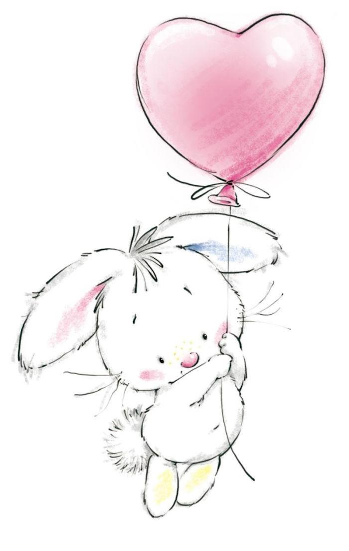 Lapin mignon avec ballon coeur dans la main, image joyeux anniversaire humour, dessin gateau anniversaire