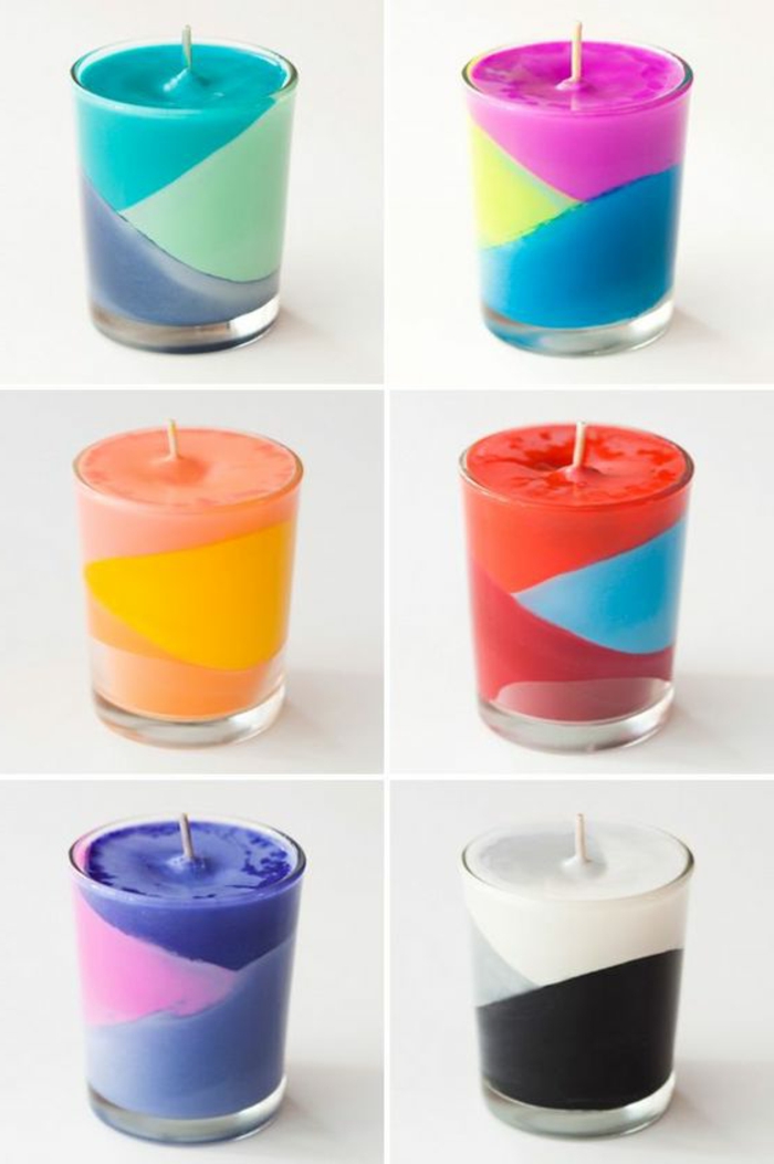 faire ses bougies parfumées soi même, modèles de bougies à design multicolore, colorer une cire pour bougie