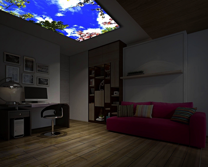 salon illuminé par un plafonnier à led imitation ciel, panneau lumineux à décor ciel installée au plafond du salon