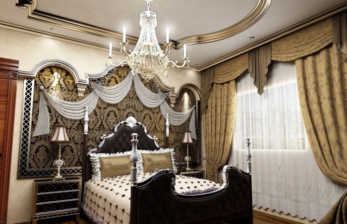 chambre à coucher luxueuse de style oriental aux murs beige et plafond blanc, modèle lit noir avec tête de lit design noir