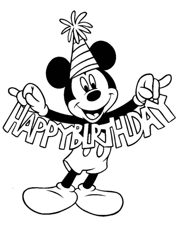 Dessin ou coloriage Mickey Mouse dessin anniversaire, carte joyeux anniversaire dessin