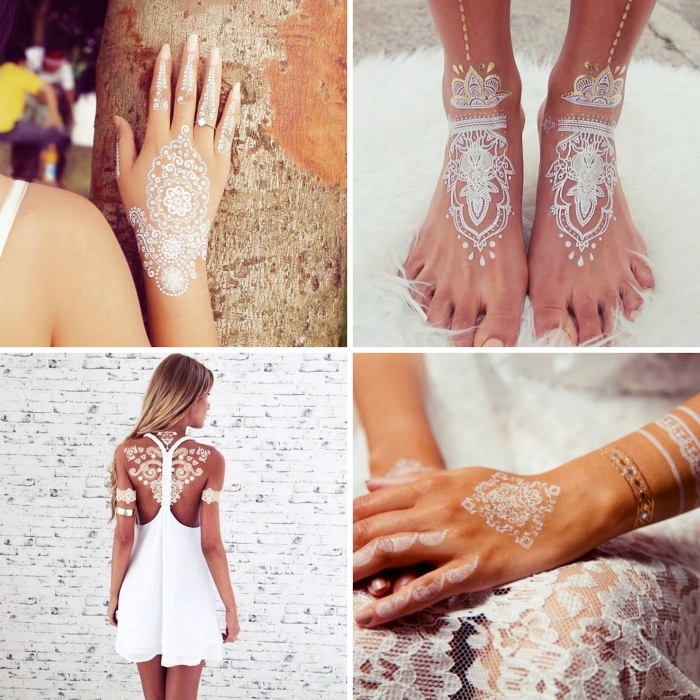 tatouage éphémère sur les doigts aux motifs flèches, idée tattoo blanc sur les pieds avec paillettes dorées et argentées