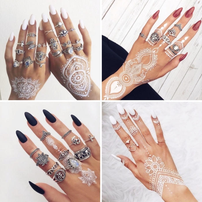 modele henné facile sur la main, idée dessins blancs sur doigts aux motifs flèches, tattoo temporaire à effet bijoux