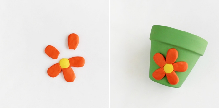 tutoriel comment faire une fleur en argile colorée, exemple comment personnaliser pot fleur peint et décoré avec figurine en argile