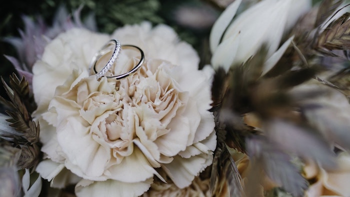 Belle photo de fleur pivoine et deux alliances de mariage en or blanc, alliance mariage femme diamant