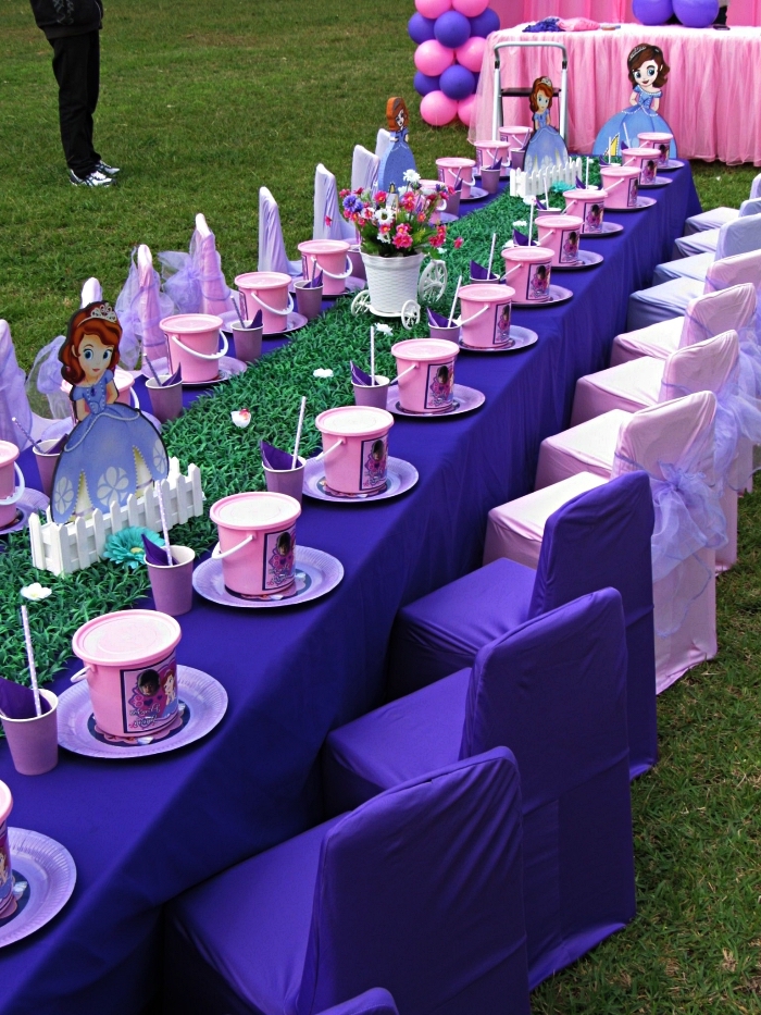 deco tabla anniversaire en rose et violet sur le thème princesse décoré avec chemin de table gazon et des princesses en carton