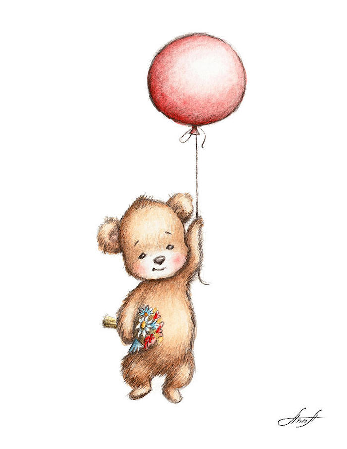 Ballon rouge et ourson adorable avec bouquet de fleurs, image joyeux anniversaire humour, inspiration dessin débutant