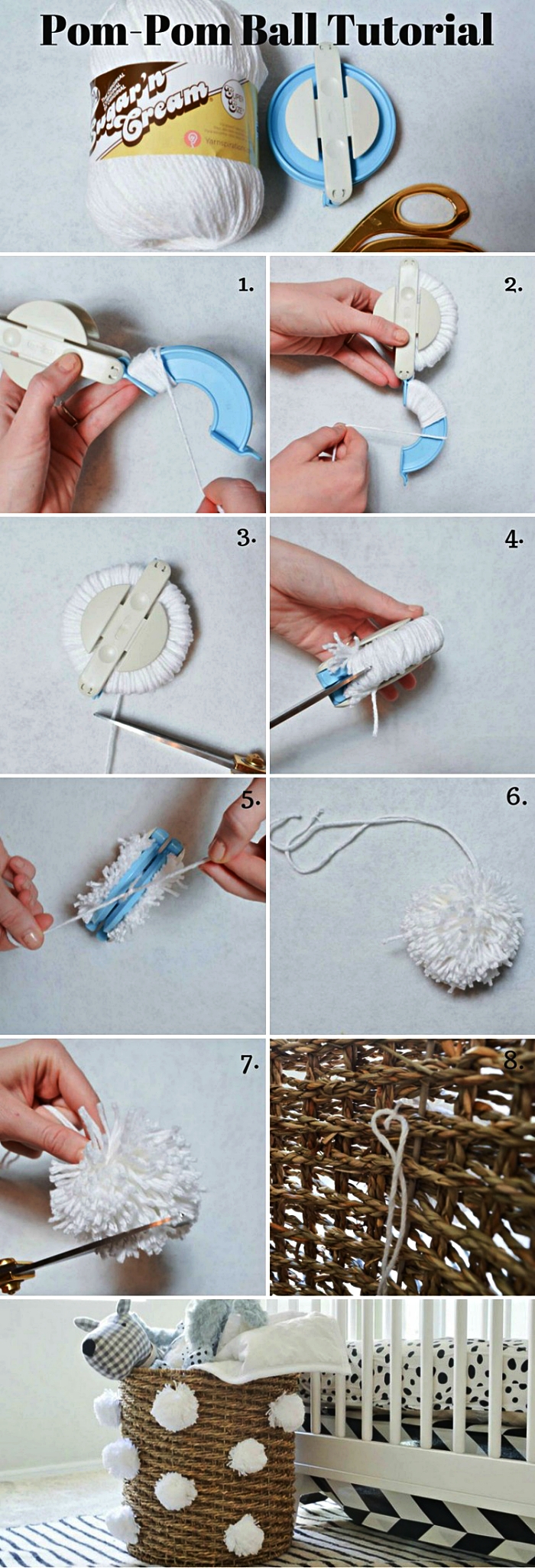 tuto facile pour personnaliser un panier de rangement décoré de pompons en laine blancs, rangement jouet personnalisé