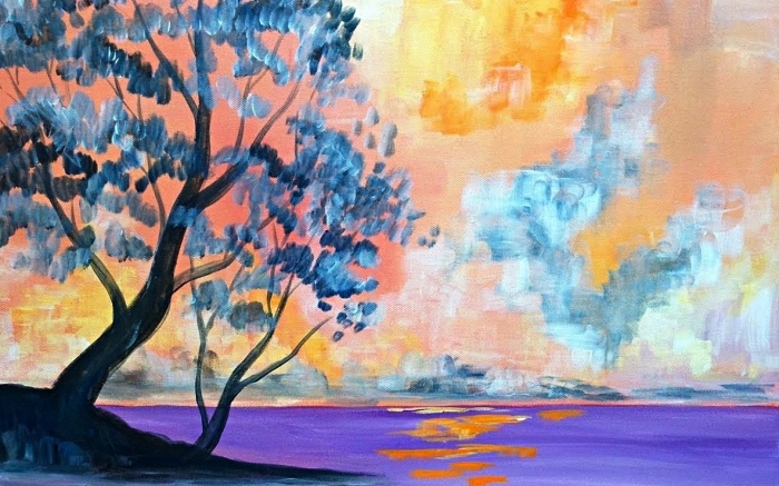 idée de tableau peinture à l'acrylique facile à réaliser soi même, paysage à l'aquarelle en bleu, violet, jaune et rose