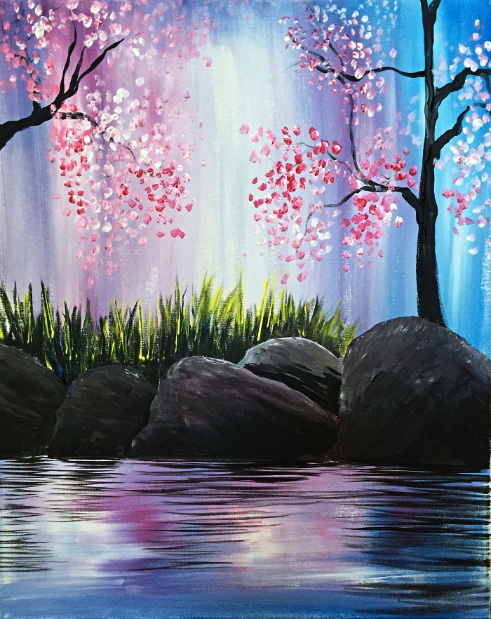 tableau peinture moderne à l'acrylique, paysage acrylique lac, ciel et rochers en bleu-violet